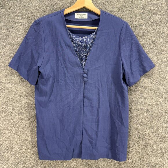 Alfred Dunner Blouse Women 10P Petite Blue V-Neck Short Sleeve Button Casual - Picture 1 of 6